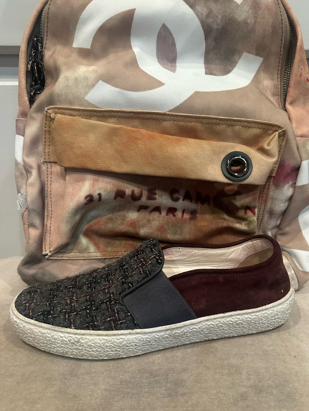 Chanel Tweed & Suede Sneaker in Charcoal and Burgundy